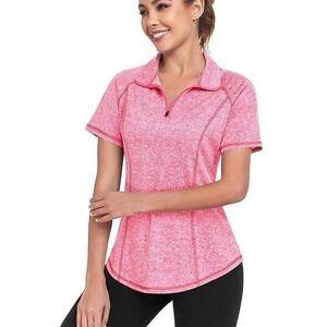 Quarter Zip Athletic Polo Top Pink Heathered  2XL